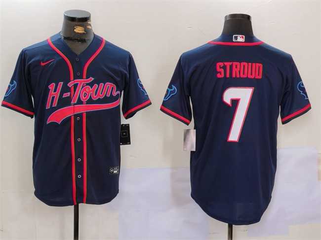 Mens Houston Texans #7 C.J. Stroud Navy With Patch Cool Base Stitched Baseball Jersey